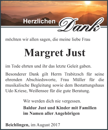 Traueranzeige von Margret Just von Thüringer Allgemeine