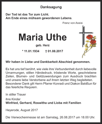 Traueranzeige von Maria Uthe von Thüringer Allgemeine, Thüringische Landeszeitung