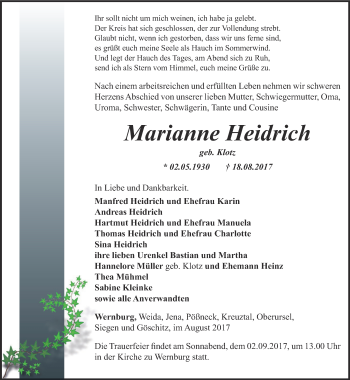 Traueranzeige von Marianne Heidrich von Ostthüringer Zeitung