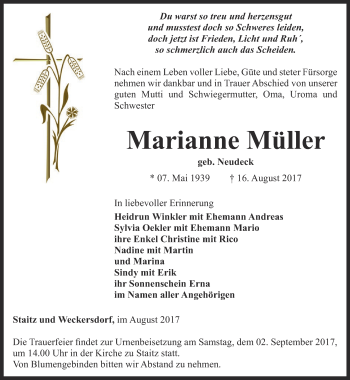 Traueranzeige von Marianne Müller von Ostthüringer Zeitung