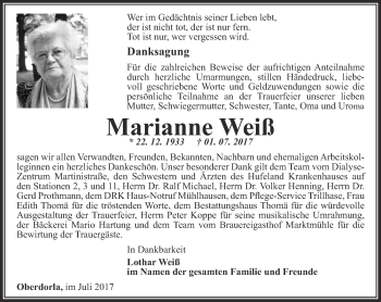 Traueranzeige von Marianne Weiß von Thüringer Allgemeine, Thüringische Landeszeitung