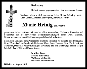 Traueranzeige von Marie Heinig von Ostthüringer Zeitung