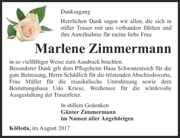 Traueranzeige von Marlene Zimmermann von Thüringer Allgemeine