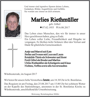 Traueranzeige von Marlies Riethmüller von Thüringer Allgemeine