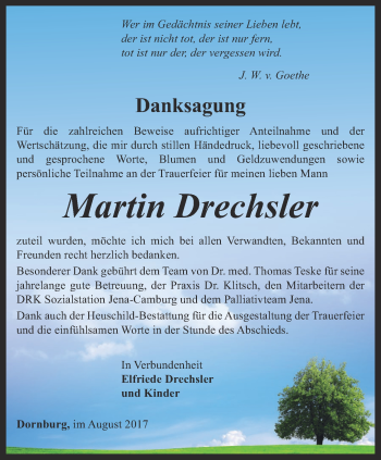 Traueranzeige von Martin Drechsler von Ostthüringer Zeitung, Thüringische Landeszeitung