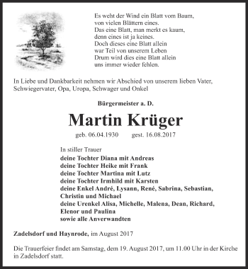 Traueranzeige von Martin Krüger von Ostthüringer Zeitung