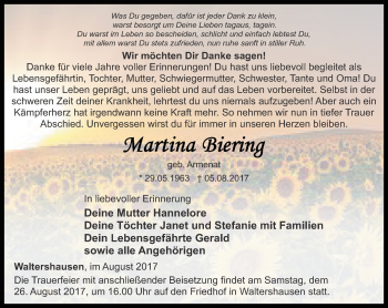 Traueranzeige von Martina Biering von Ostthüringer Zeitung, Thüringische Landeszeitung