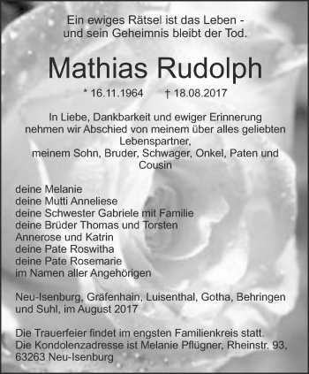 Traueranzeige von Mathias Rudolph von Ostthüringer Zeitung, Thüringische Landeszeitung