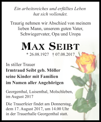 Traueranzeige von Max Seibt von Ostthüringer Zeitung, Thüringische Landeszeitung