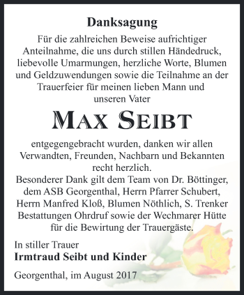 Traueranzeige von Max Seibt von Ostthüringer Zeitung, Thüringische Landeszeitung