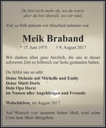 Traueranzeige von Meik Braband von Thüringer Allgemeine, Thüringische Landeszeitung