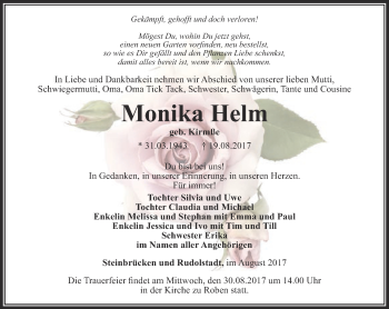 Traueranzeige von Monika Helm von Ostthüringer Zeitung