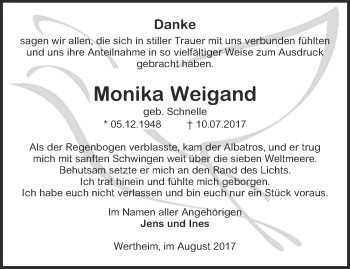 Traueranzeige von Monika Weigand von Ostthüringer Zeitung