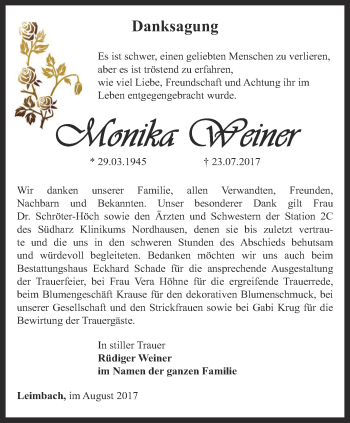 Traueranzeige von Monika Weiner von Thüringer Allgemeine