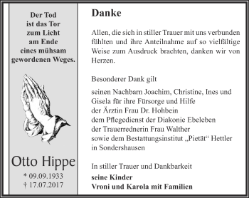 Traueranzeige von Otto Hippe von Thüringer Allgemeine