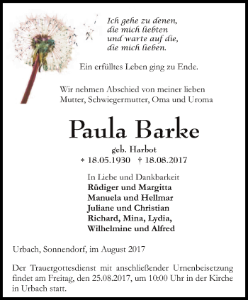 Traueranzeige von Paula Barke von Thüringer Allgemeine, Thüringische Landeszeitung