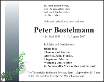 Traueranzeige von Peter Blostelmann von Thüringer Allgemeine, Thüringische Landeszeitung