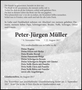 Traueranzeige von Peter-Jürgen Müller von Ostthüringer Zeitung, Thüringische Landeszeitung