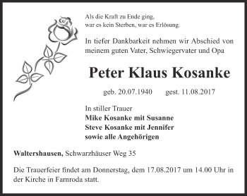 Traueranzeige von Peter Klaus Kosanke von Thüringer Allgemeine, Thüringische Landeszeitung