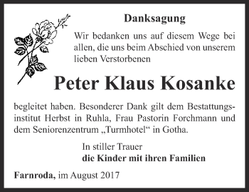 Traueranzeige von Peter Klaus Kosanke von Thüringer Allgemeine, Thüringische Landeszeitung