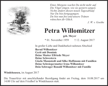 Traueranzeige von Petra Willomitzer von Thüringer Allgemeine