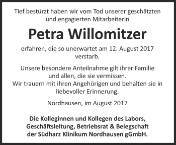 Traueranzeige von Petra Willomitzer von Thüringer Allgemeine