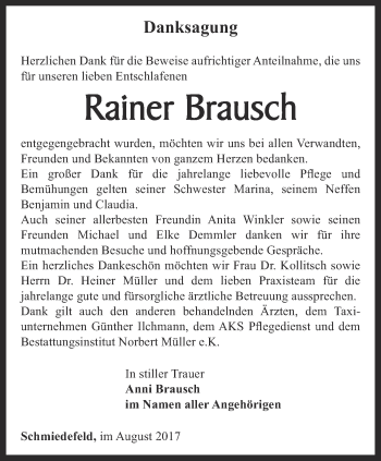 Traueranzeige von Rainer Brausch von Ostthüringer Zeitung