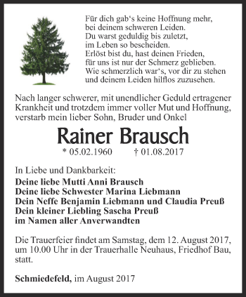 Traueranzeige von Rainer Brausch von Ostthüringer Zeitung