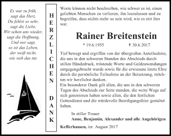 Traueranzeige von Rainer Breitenstein von Thüringer Allgemeine