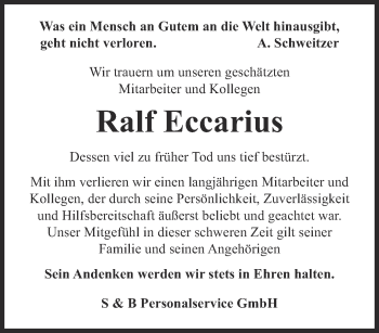 Traueranzeige von Ralf Eccarius von Ostthüringer Zeitung, Thüringische Landeszeitung