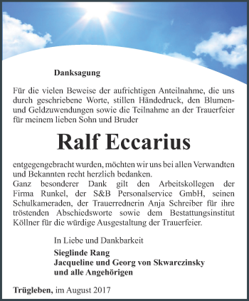 Traueranzeige von Ralf Eccarius von Ostthüringer Zeitung, Thüringische Landeszeitung