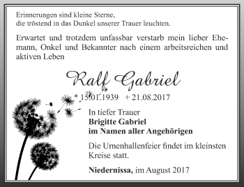 Traueranzeige von Ralf Gabriel  von Thüringer Allgemeine, Thüringische Landeszeitung