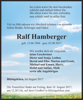 Traueranzeige von Ralf Hamberger von Thüringer Allgemeine