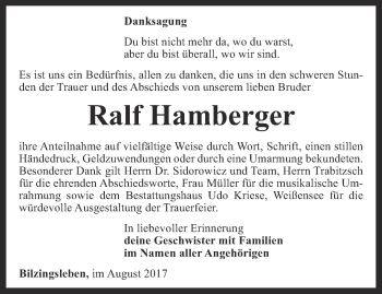 Traueranzeige von Ralf Hamberger von Thüringer Allgemeine