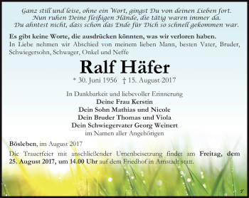 Traueranzeige von Ralf Häfer von Thüringer Allgemeine