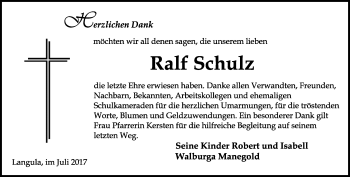 Traueranzeige von Ralf Schulz von Thüringer Allgemeine, Thüringische Landeszeitung