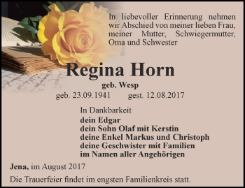 Traueranzeige von Regina Horn von Ostthüringer Zeitung, Thüringische Landeszeitung