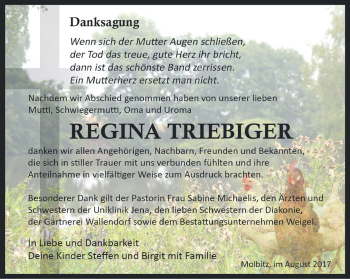 Traueranzeige von Regina Triebiger von Ostthüringer Zeitung