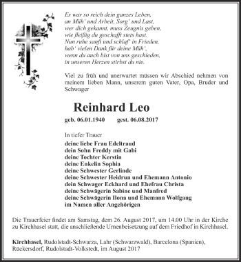 Traueranzeige von Reinhard Leo von Ostthüringer Zeitung