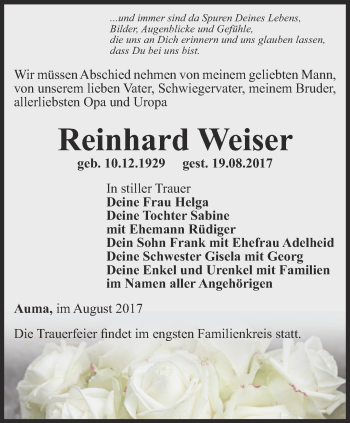 Traueranzeige von Reinhard Weiser von Ostthüringer Zeitung