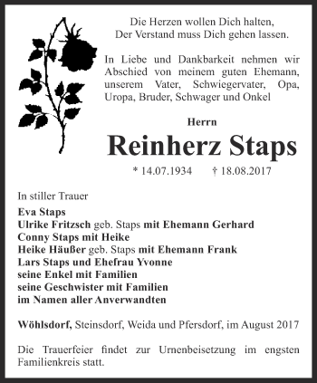 Traueranzeige von Reinherz Staps von Ostthüringer Zeitung