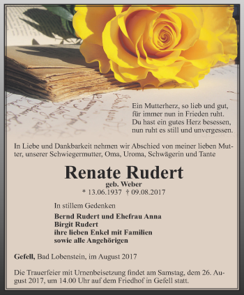 Traueranzeige von Renate Rudert von Ostthüringer Zeitung