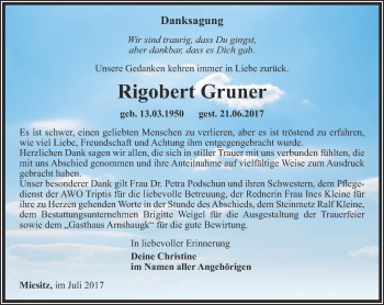 Traueranzeige von Rigobert Gruner von Ostthüringer Zeitung