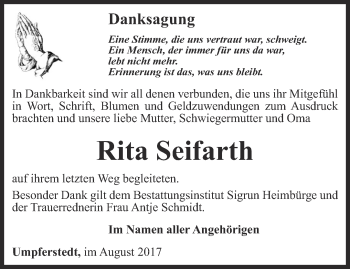 Traueranzeige von Rita Seifarth von Thüringer Allgemeine, Thüringische Landeszeitung