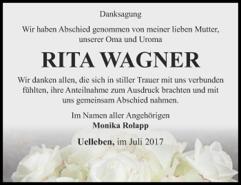 Traueranzeige von Rita Wagner von Ostthüringer Zeitung, Thüringische Landeszeitung