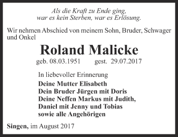 Traueranzeige von Roland Malicke von Thüringer Allgemeine