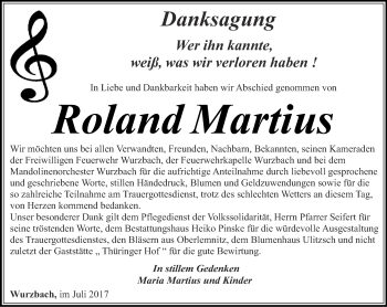 Traueranzeige von Roland Martius von Ostthüringer Zeitung