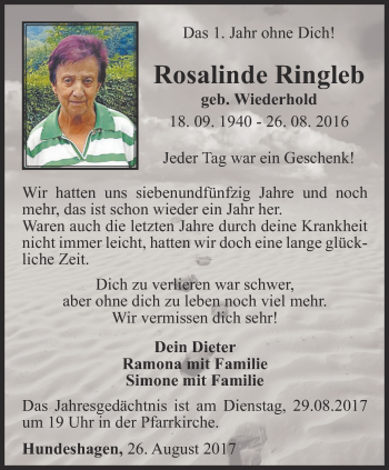 Traueranzeige von Rosalinde Ringleb von Thüringer Allgemeine