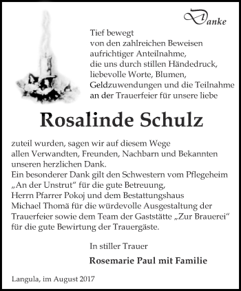 Traueranzeige von Rosalinde Schulz von Thüringer Allgemeine, Thüringische Landeszeitung