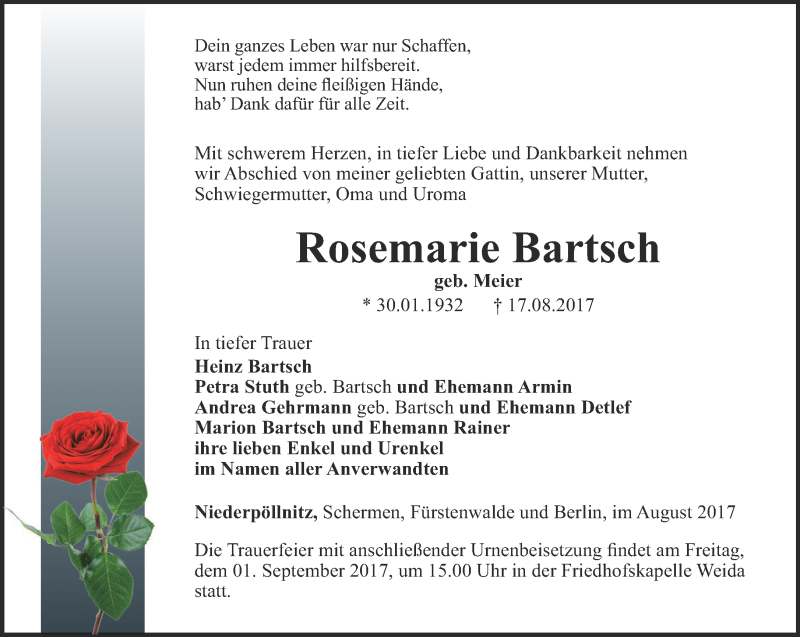  Traueranzeige für Rosemarie Bartsch vom 26.08.2017 aus Ostthüringer Zeitung